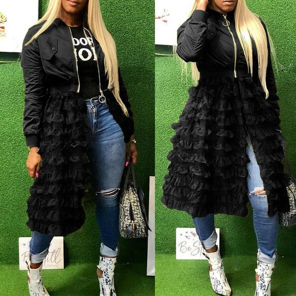 

women's trench coats autumn fashion lady mesh lace splice long sleeve zipper frill tulle tutu jacket casual outerwear 221121, Tan;black