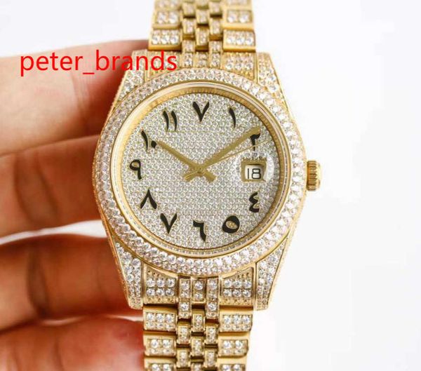 

wristwatches high quaity shiny diamonds watch yellow gold case 41mm arabic numbers automatic men smooth hands wristwatch stainls steel mater, Slivery;brown