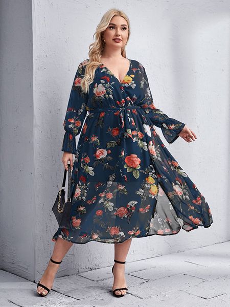 

plus size dresses toleen clearance price women large plus size midi dresses summer chic elegant long sleeve floral evening party clothing 22, Black