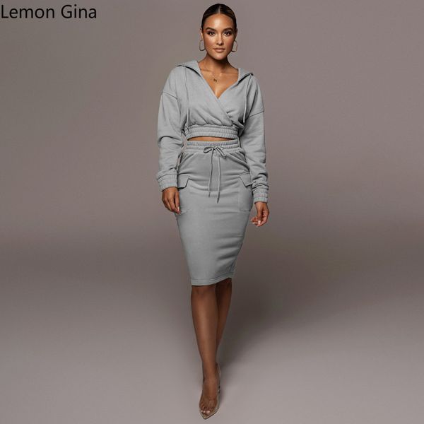 

two piece dress casual dresses lemon gina spring winter fleece women two 2 piece set outfits tunic hooded croped sweatshirt and midi skirts, White
