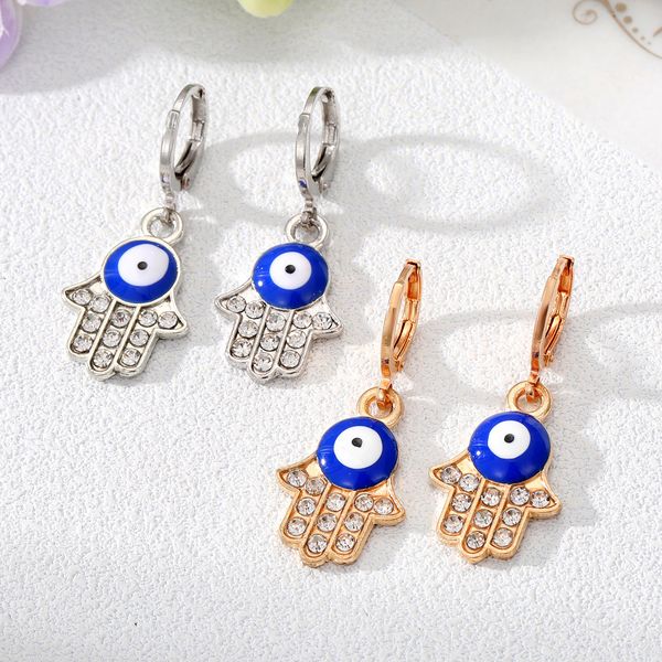 

zircon hamsa hand evil eye hoop earrings for women vintage metal fatima turkey lucky blue eye circle earring party jewelry, Golden;silver
