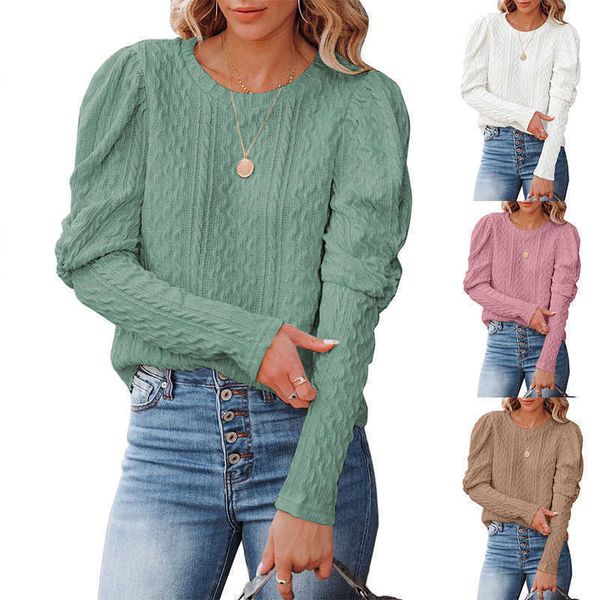 

women's knits tees fashion women's clothing 2022 autumn and winter new solid color jacquard round neck puff sleeve knitted sweater, White