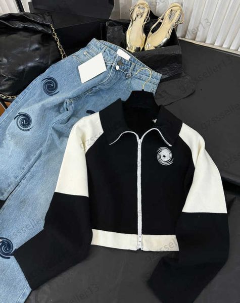 

cardigans womens sweaters color matching flocking logo lapel knit sweater zipper flap long sleeve short casual knitwear classic sports style, White;black