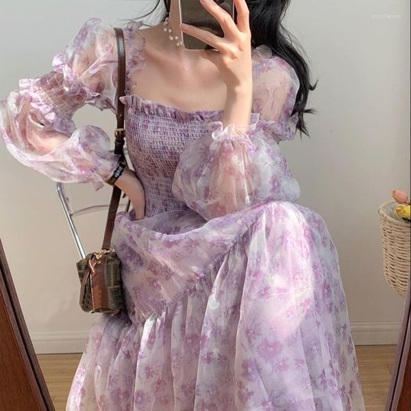 

casual dresses french vintage floral one piece dress korean 2022 summer chic elegant beach women puffer sleeve design cake female, Black;gray