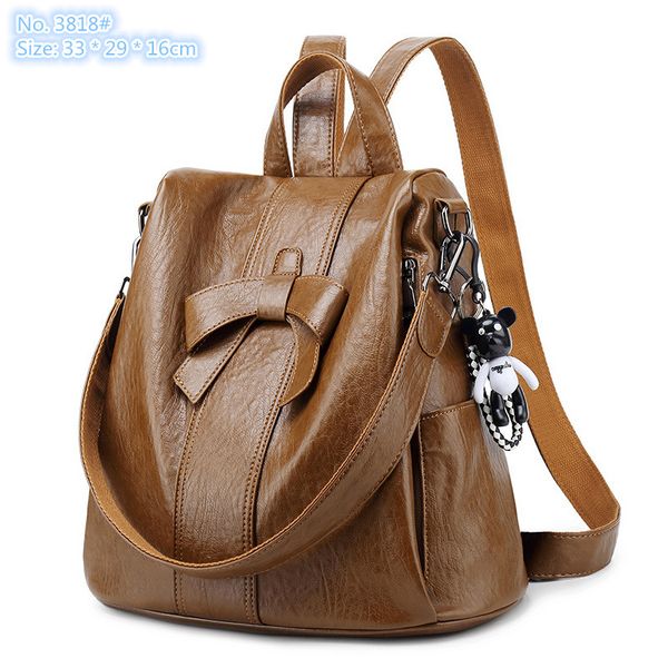 

Wholesale factory ladies shoulder bag 2 color street fashion anti-theft backpack simple Joker solid color leather handbag cute bow college style women backpacks, Brown-3818#