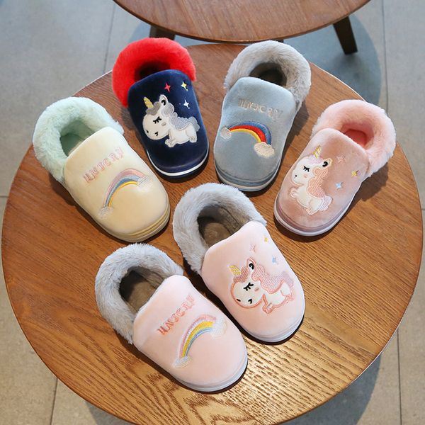 

slipper cartoon unicorn winter slippers kids warm velvet spring home shoes children boy girl cute animal indoor for bedroom 221121, Black;grey