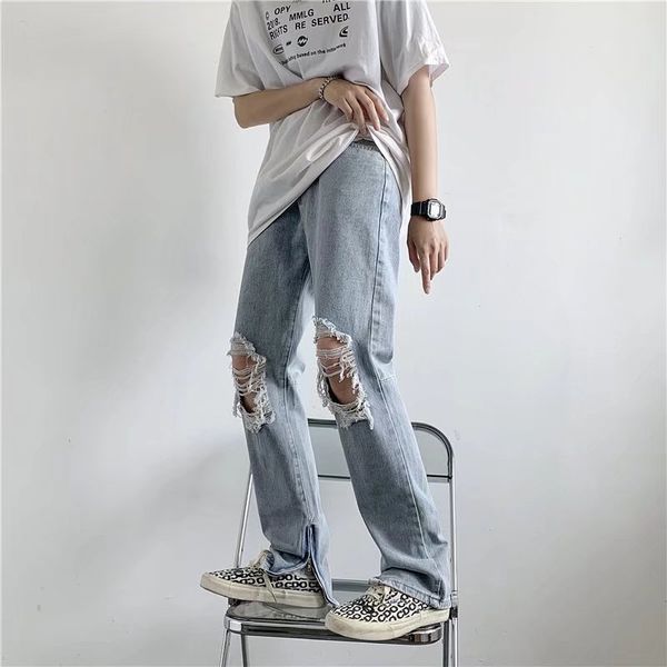 

men's jeans american pants high street hole design sense trousers zipper retro washed clothing 221119, Blue