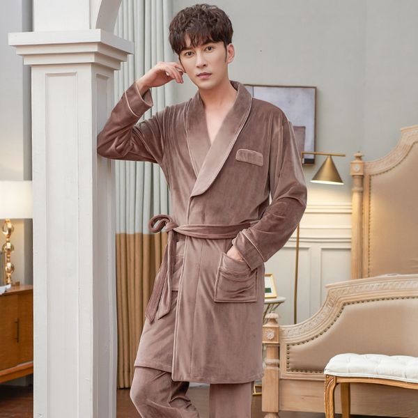 

men s sleepwear winter island fleece with belt robes pants 2pc warm pajamas suit coral set full sleeve homewear 221119, Black;brown