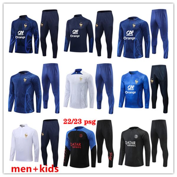 

2022 french fra nce tracksuit training suit world soccer cup jersey benzema mbappe equipe de full sets kids kit men 22/23 psgs half pull, Black