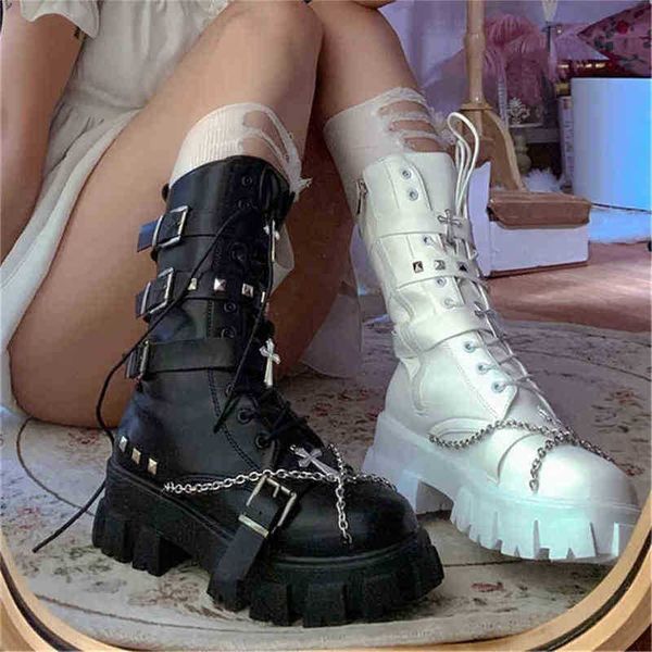 

women boots luxury winter 2022 new party casual women shoes platform middle heel ladies chain demonias mid calf boots y220811, Black