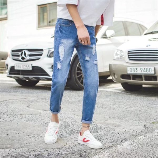 

men's jeans slim fit small straight spring and summer korean version 9 points pants elastic tight hole trousers clothing men 221119, Blue
