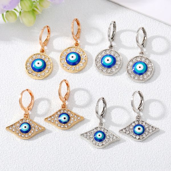 

zircon blue evil eye hoop earrings geometric circle shape turkey lucky blue eye dangle earrings for women jewelry, Golden;silver