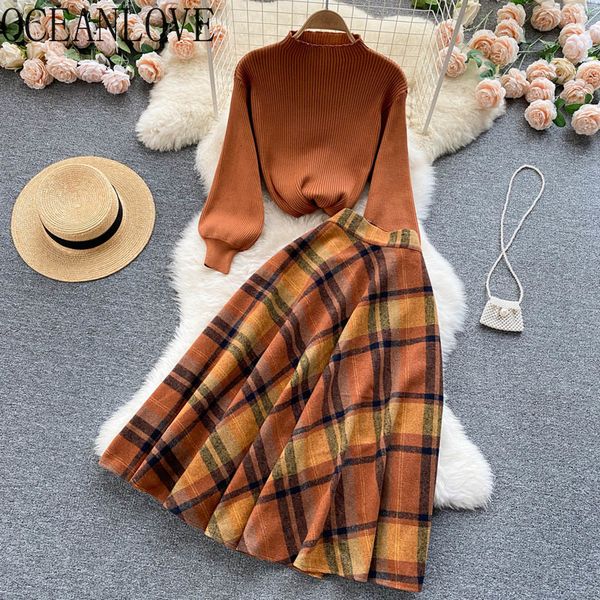 

two piece dress casual dresses oceanlove two piece set women knitting korean elegant conjunto femenino solid sweaterplaid long skirts autumn, White