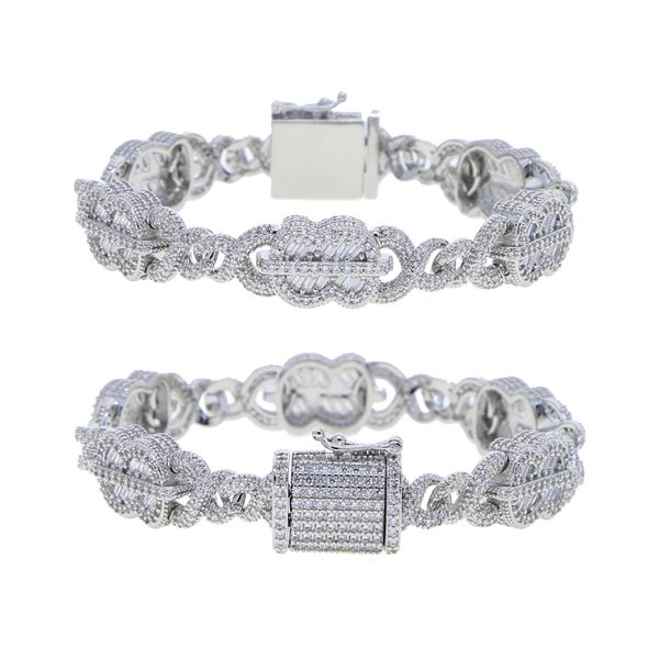 

5a crystal prong cuban link chain bracelet necklace set for men boy iced out bling cz bracelet hip hop rapper jewelry sets, Silver