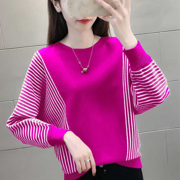 

women's knits tees fashion batwing sleeve spliced striped knitted sweaters women's clothing 2022 autumn new oversized all-match ca, White