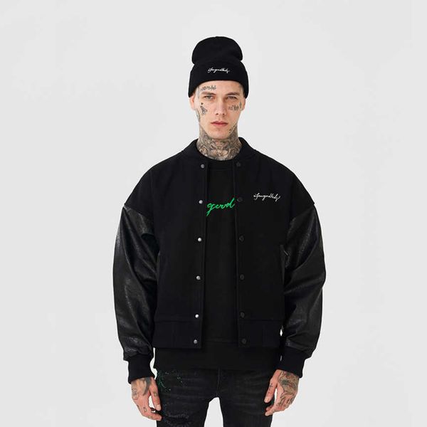 

high street brand fff afgk 21ss coat fix rhinestone leather sleeves ma-1 jackets men's black jacket techwear men's coat wm49, Black;brown