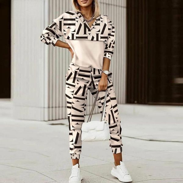 

womens two piece pants spring autumn women fashion print splicing tracksuits sets female casual long sleeve v neck jogging pant suit 221121, White