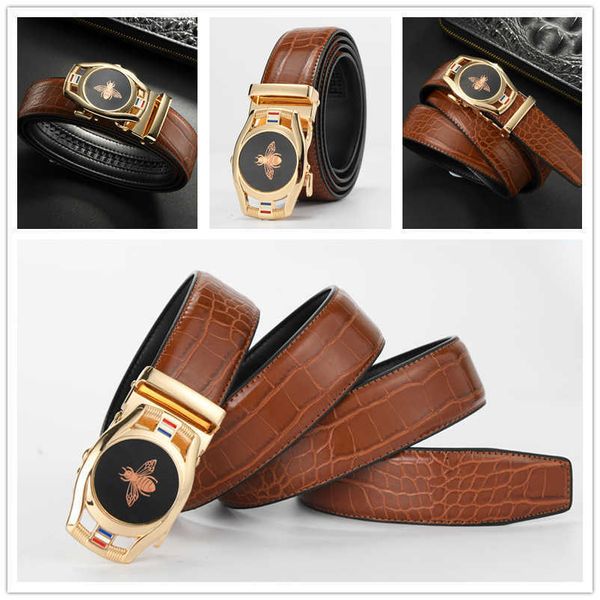 

classic mens automatic buckle belt 3.5cm embossed alligator pattern business casual waistband designer brand jeans decorative belts, Black;brown