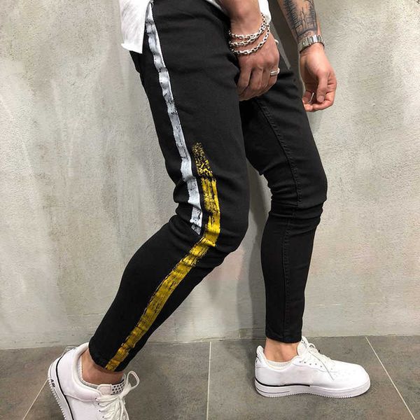 

mens cool stylist pencil jeans skinny ripped destroyed stretch slim fit hop pants with holes for men, Blue
