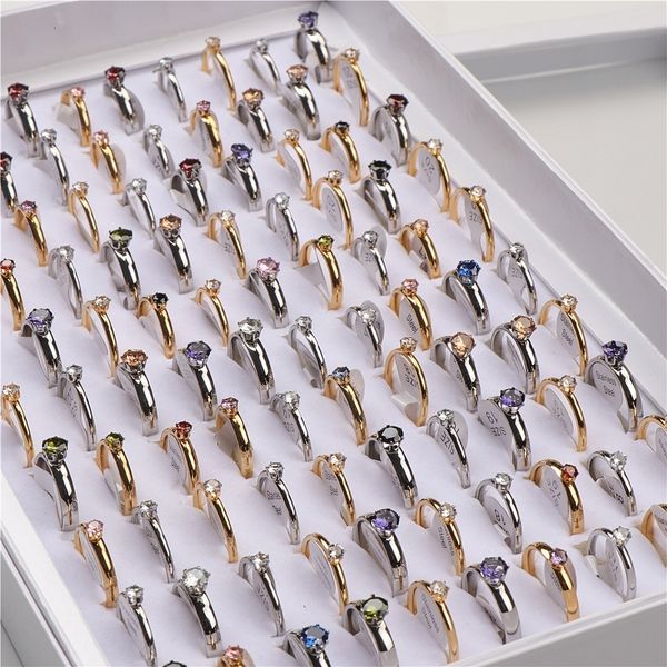 

wedding rings wholesale 50pcs/lot golden silver color zircon stainless steel engagement for women mix style 221121, Slivery;golden