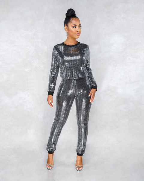 

women's two piece pant elegant sets sequined crew neck long sleeve blouse shirt crop outfit party club matching 221121, White