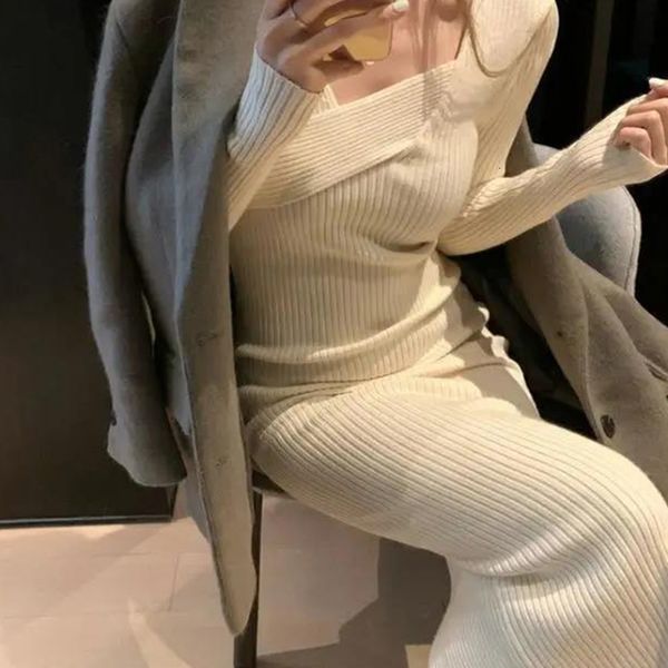 

casual dresses vintage knitted women long sleeve sweater elegant party female spring office lady slim korea 221121, Black;gray