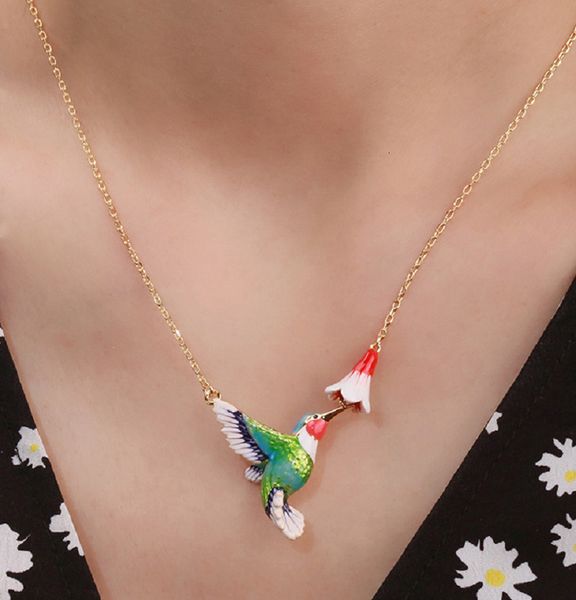 

chokers humming bird and flower pendant hummingbird with enamel necklace 221121, Golden;silver