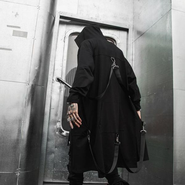 

men's jackets spring autumn men ribbons patchwork punk hip hop long trench coat hooded cloak men black zipper techwear long jacket over, Black;brown