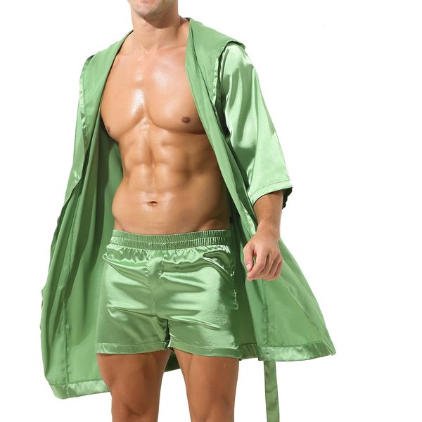 

men s sleepwear mens satin robe sets loungewear open front hooded night robe belted kimono half sleeve bathrobe nightwear 221119, Black;brown