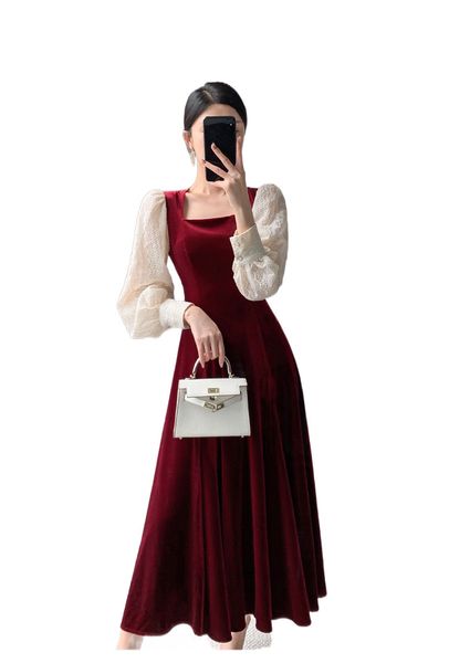 

french retro red dress women's autumn and winter large square neck high grade slim long sleeve underlay velvet dress, Black