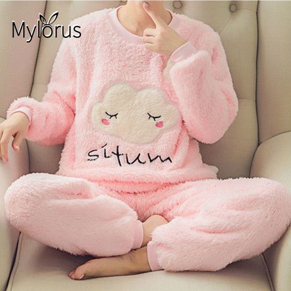 

women's sleepwear autumn winter coral long sleeved pyjama set warm cute cartoon pijama round neck homewear women 221119, Black;red