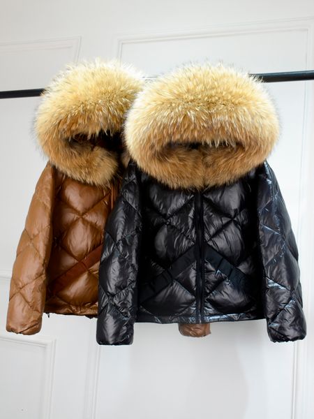 

women's down parkas janveny winter puffer jacket women hooded 90 duck coat short female shiny glossy feather huge real raccoon fur l221, Black