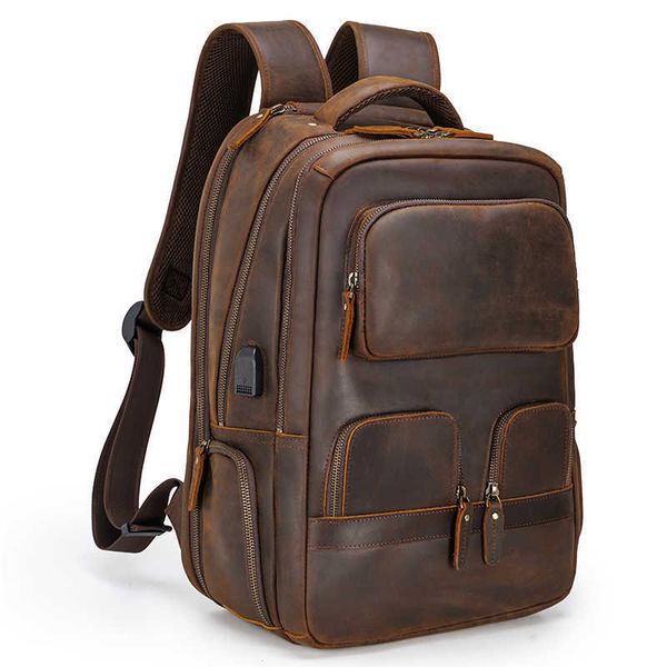 

custom vintage pure cowhide lapback pack bag with usb charging port men full grain genuine cow real leather backpack