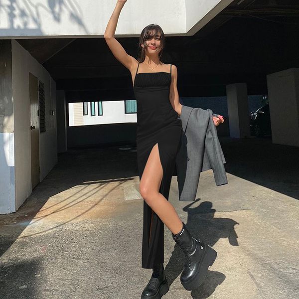 

casual dresses midi dress women summer sleeveless party dresses lace up strap hight side split black backless long dresses 221119, Black;gray