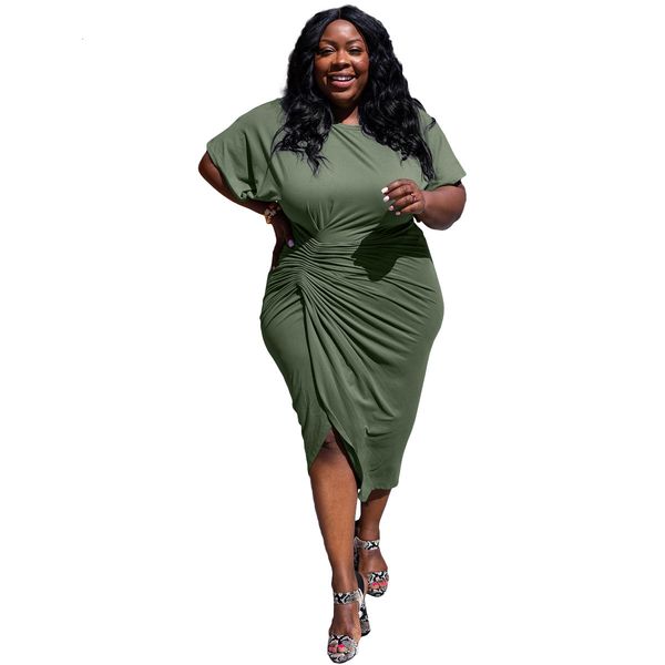 

plus size dresses size pleated dres summer solid casual ov neck short sleeve asymmetrical outfit 221121, Black
