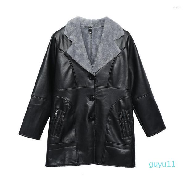 

women's leather autumn winter women jackets loose long jacket coats solid black