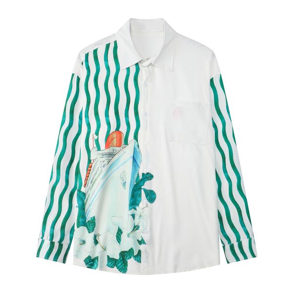 

green stripe patchwork men's shirt long sleeve button up autumn shirts blouse, White;black