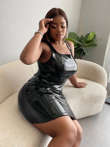 

plus size dresses summer sleeveless faux latex dress women plus size pvc leather mini dress square collar ladies bodycon pu dress 6xl 7xl 22, Black