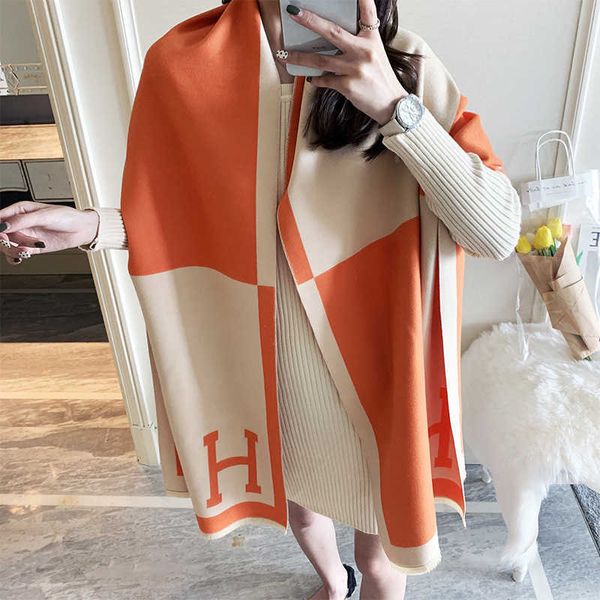 

scarves new h-letter color matching cashmere like scarf in autumn and winter of 2021, Blue;gray