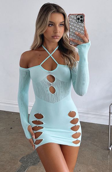 

casual dresses fufucaillm women bodycon party hanging neck spring fall wrapped cutout clubwear mini 221121, Black;gray