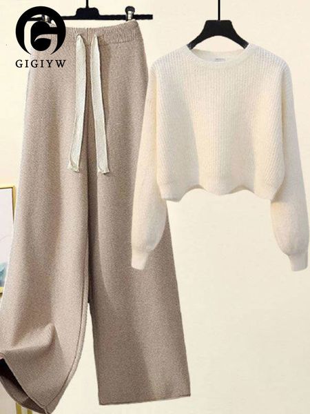 

womens two piece pants gigiyw solid color cashmere knitted pieces sets femaleturtleneckpant suits winter thick sweaters 221121, White