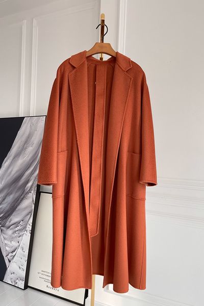 

women's wool blends winter cashmere coat women mid-length water ripples spring 100% camel with belt 221121, Black