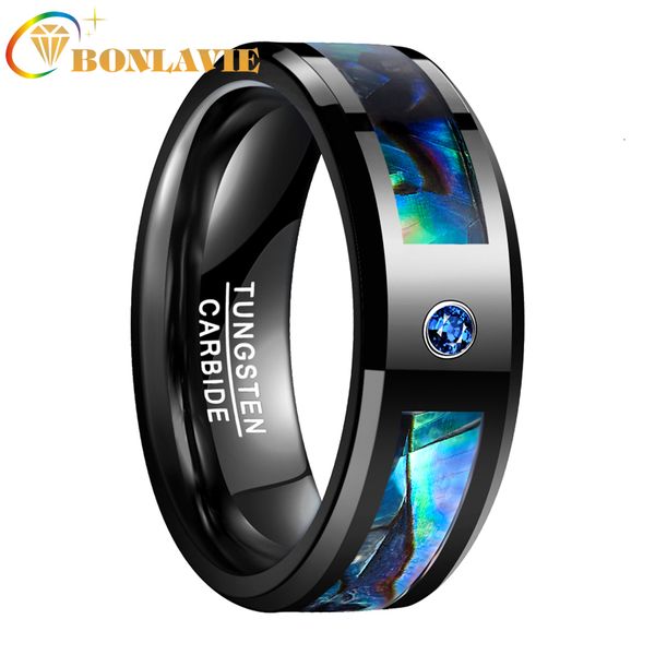

wedding rings bonlavie 8mm tungsten carbide black abalone shell with blue cz stone finger men women band jewelry 221121, Slivery;golden