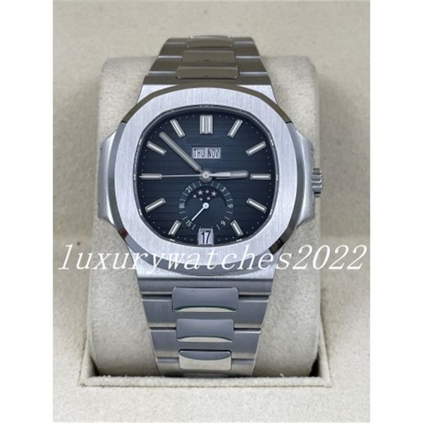 

2022 mens watch 40.5mm 5726 week date display travel time automatic mechanical blue dial stick hour markers stainless steel case strap watch, Slivery;brown