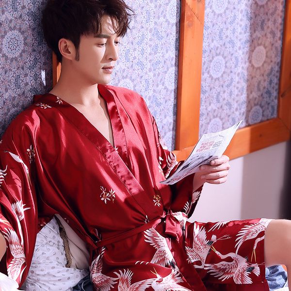 

men s sleepwear red silk bathrobe satin crane printed kimono mens black japan style soft cozy pajamas for chinese rayon sets 221119, Black;brown