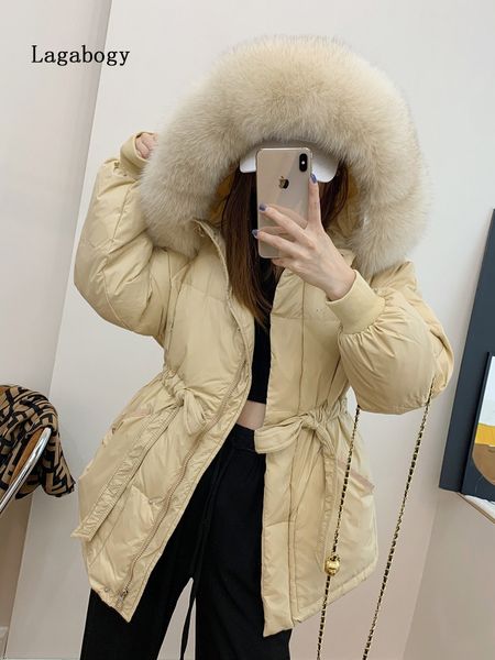 

women's down parkas lagabogy winter parka loose hooded large fur collar warm white duck coat female puffer jacket snow outwear 221121, Black