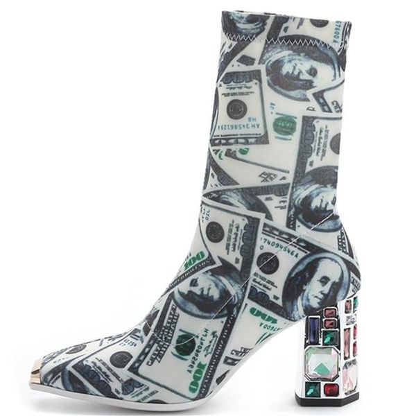 

boots stylish women med crystal heel female shoes square toe high dollar pattern slip-on handmade woman281p, Black