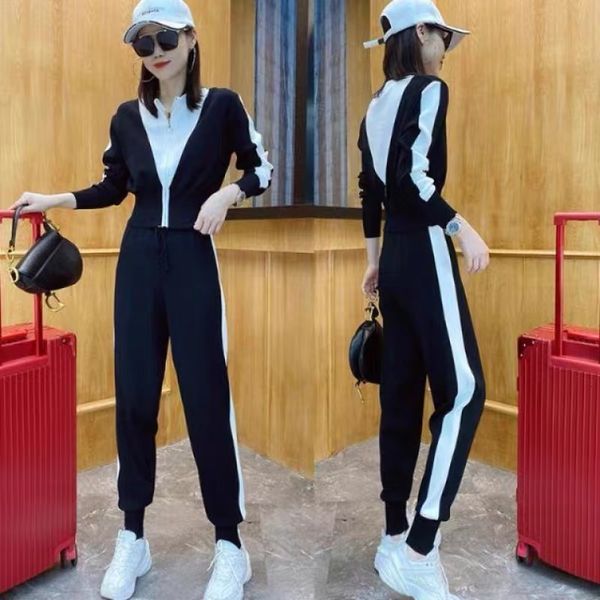 

women's two piece pants sports tracksuit women knitted patchwork zipper pullover sweater casual sets korean fashion 221121, White