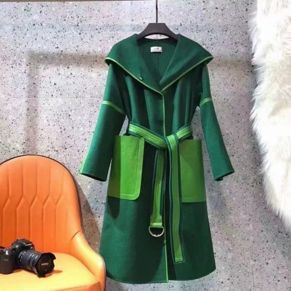 

fashion women's wool coat designer blends splicing double-sided tweed hooded coats winter warm slim long coats with belt, Black