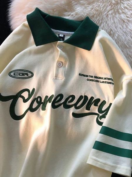 

men's tshirts vintage short sleeve tees for men summer collar american letter baggy woman tshirt student bf button preppy 221121, White;black